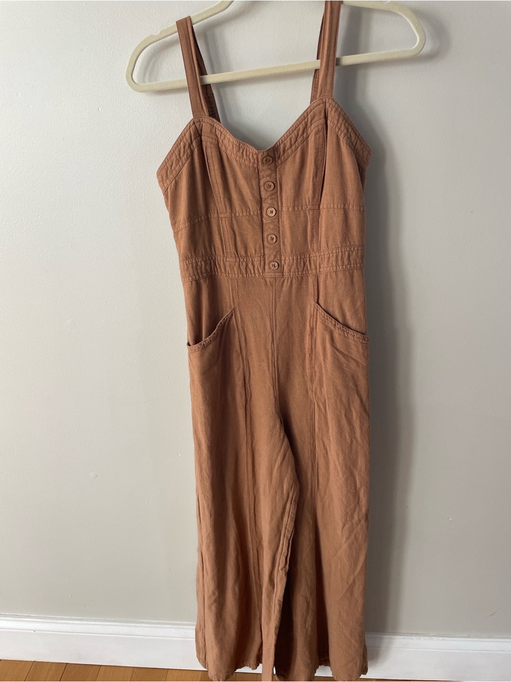 Japna Button Front Wide Leg Jumpsuit Tank Chore Pockets Boho Camel Tan M